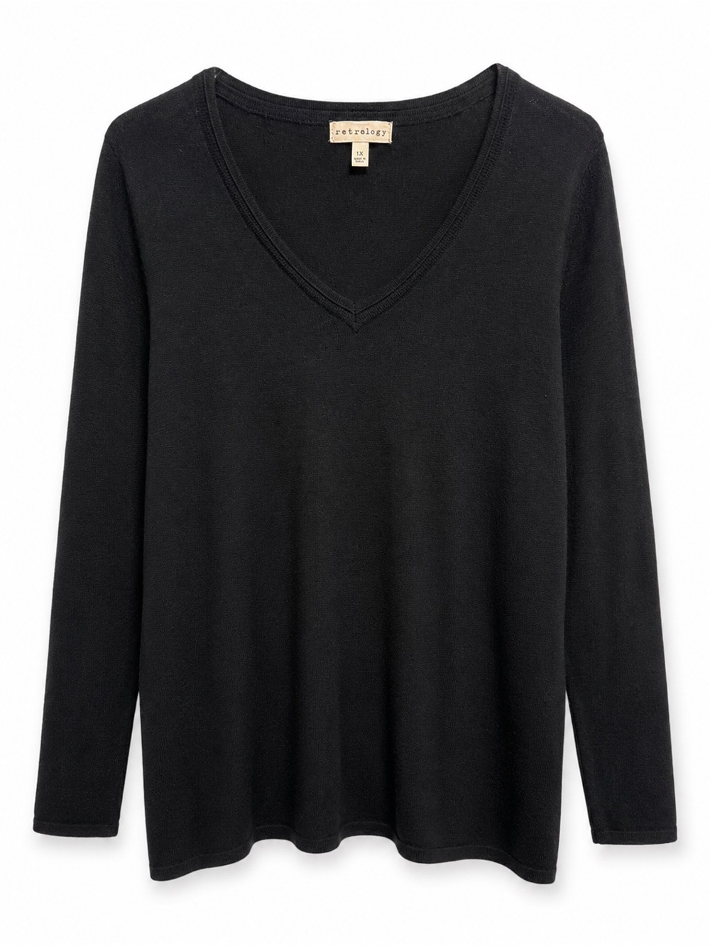 Retrology Black V-Neck Lightweight Sweater Top Plus Size 1X